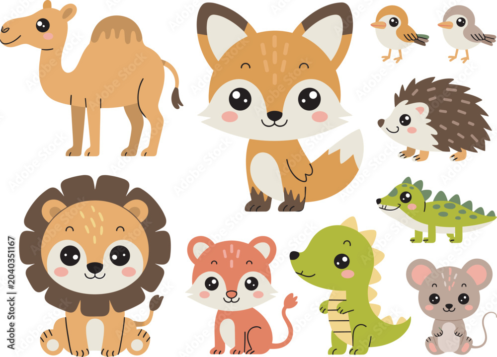 Naklejka premium Cute woodland animals collection with fox lion camel crocodile hedgehog mouse and cartoon wildlife characters
