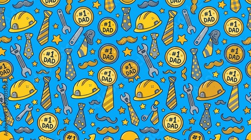 Happy fathers day seamless pattern with yellow hard hats ties and number one dad badges on a bright blue background