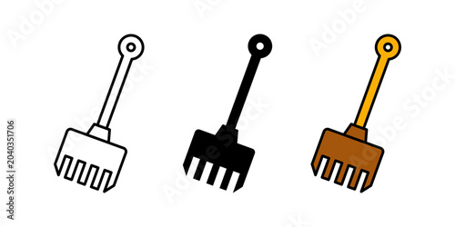 Garden rake icon vector set. Hand rake tool illustration in flat outline, solid black glyph, and colored styles isolated on white background for gardening, farming, and agriculture design.
