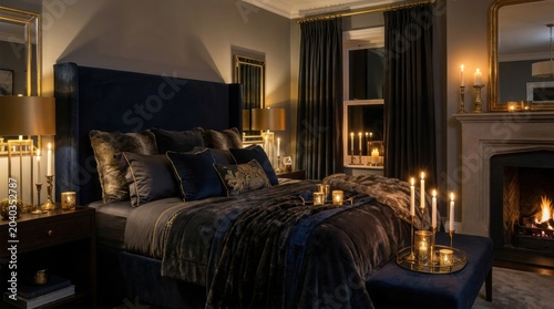 Luxurious Bedroom Ambiance: A sumptuously decorated bedroom featuring a large bed adorned with plush pillows and rich textiles, complemented by the warm.