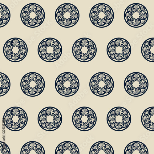 Traditional Japanese Wave Crest Circular Motif Seamless Pattern on Cream Background