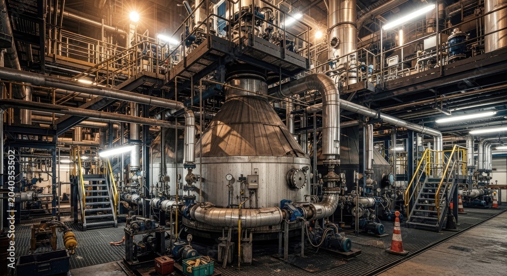 Fototapeta premium Industrial Processing Facility with Complex Piping and Reactor Tank
