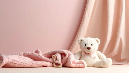 A white teddy bear with a pink bow and blanket on a pink background