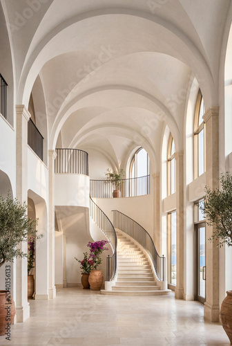 Luxury heritage resort lounge with marble details and elegant natural light and warm wood ceiling