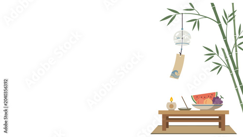 Canvastavla Minimal Japanese tea corner with bamboo wind chime and cushion.