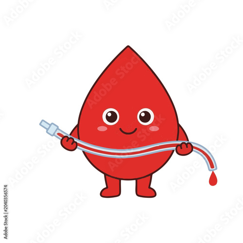 Happy red blood drop cartoon character holding a medical tube, a friendly, vibrant vector illustration for health, blood donation, and vital life support awareness