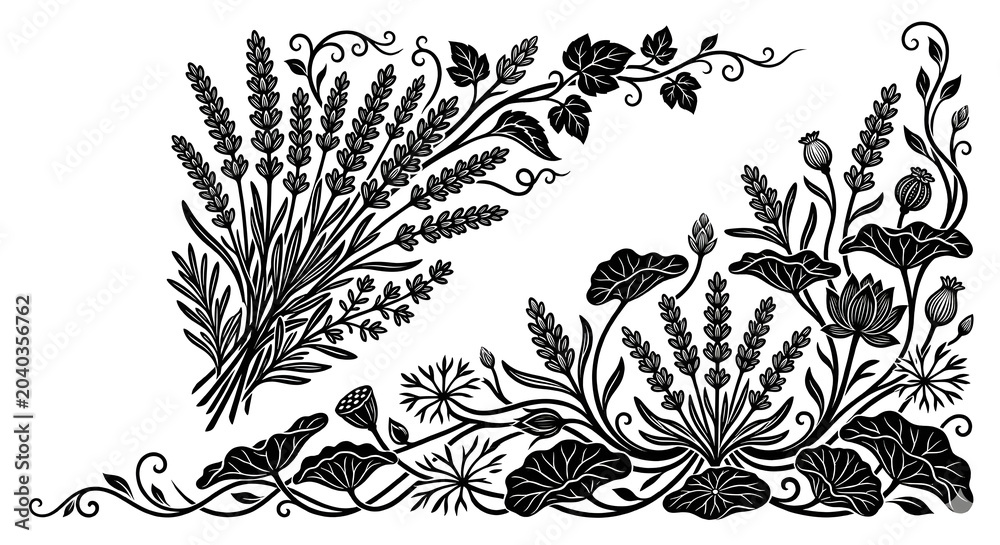 Fototapeta premium Latest Silhouette Corner Floral Design | Elegant Decorative Floral Border.