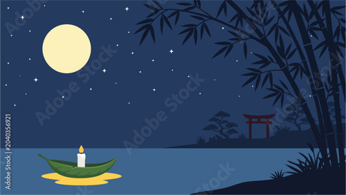 Tableau sur toile Candlelit lotus leaf drifting under a full moon near a distant torii