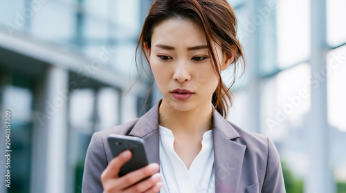 Anxious or worried Japanese businesswoman checking her smartphone outside an office building