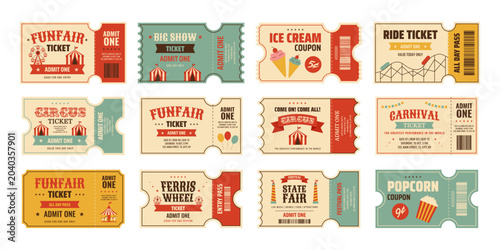 Fotografija Retro carnival and circus ticket set with funfair admission, ride pass, popcorn coupon and festival entry designs in vintage amusement park style