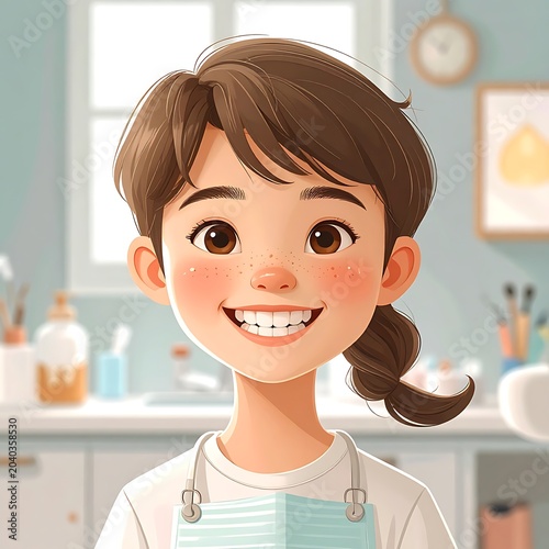A young boy with a big smile in a kitchen setting