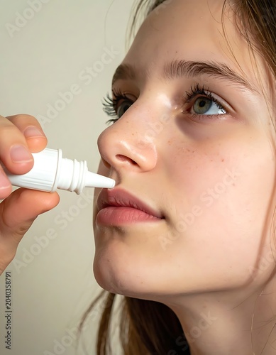 A young girl administering nasal drops