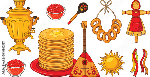Tableau sur toile Traditional Russian Maslenitsa Festival Vector Icon Set Featuring Blini Pancakes
