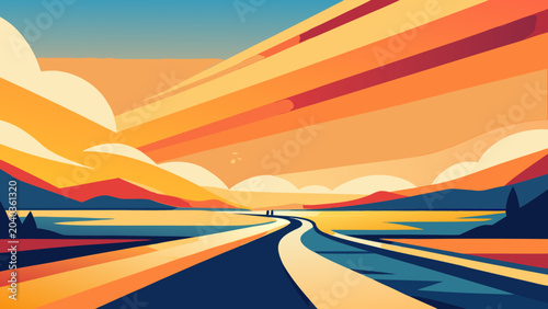 Fotografi Abstract scenic landscape with winding road and sunset clouds landscape adventur