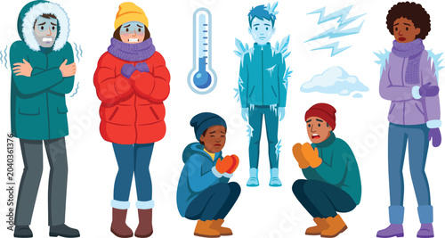 Bild auf Leinwand Freezing and Cold Weather Diverse People Vector Character Set Featuring Shiverin