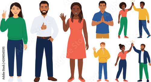 Fotografi Diverse Group of People Gesturing Vector Character Set Featuring High Five Thumb