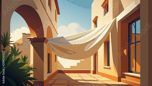 Billede på lærred Sunny mediterranean courtyard with draped white linen cloth blue sky building fa