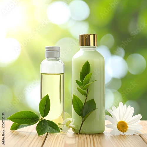 Two bottles on a wooden table with green leaves and a white flower