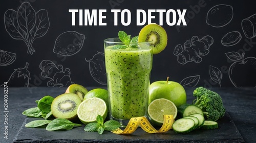 Green smoothie with fruit and vegetables for detoxification