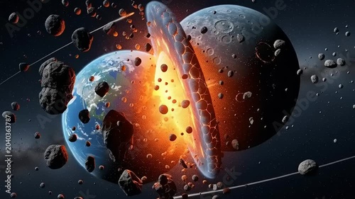 Colliding Planets in Outer Space Cosmic Event.