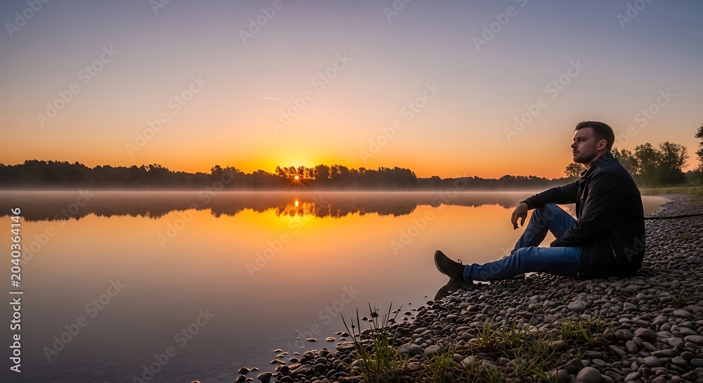 Fototapeta premium Man fishing at sunset on rocky shoreline.