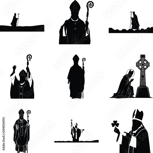 Saint patrick set, black silhouettes of bishop with pastoral staff msea set