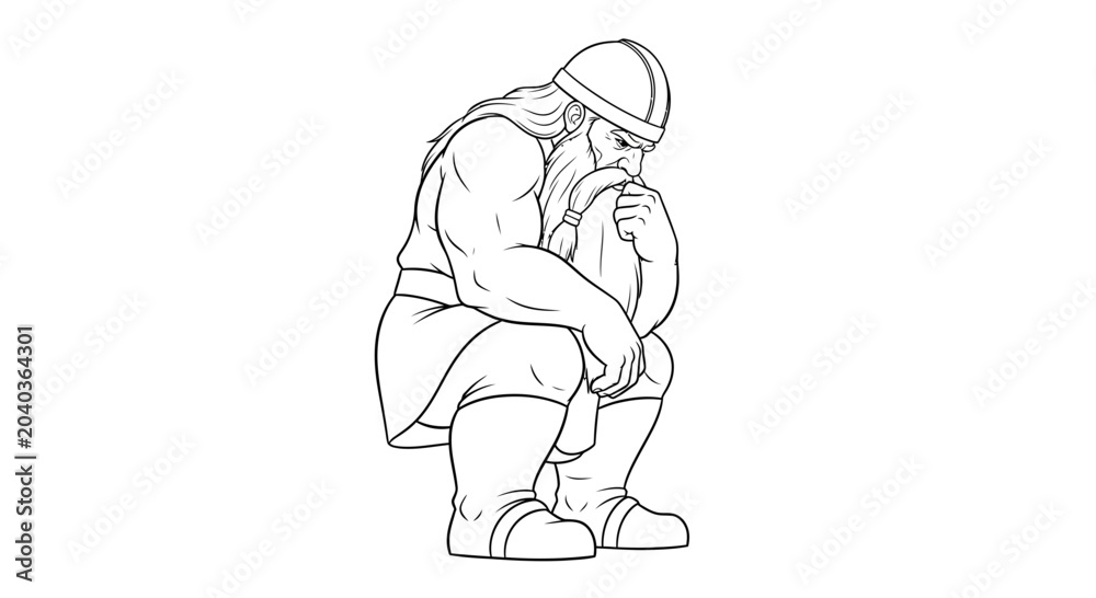 Obraz premium Viking Warrior Crouching, Contemplative Pose, Medieval Warrior, Historical Character