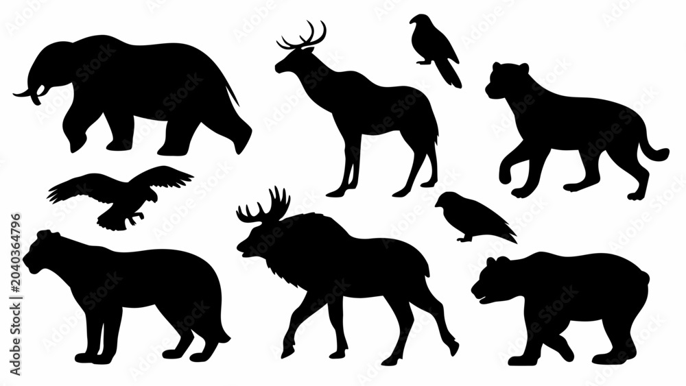 Obraz premium Premium collection of black silhouette animal vectors featuring bear deer crow wolf eagle moose lion and other wildlife in elegant monochrome style for nature wildlife