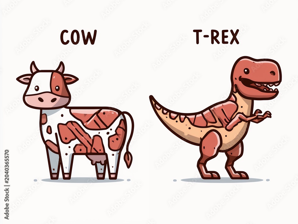 Obraz premium Cute cartoon cow and T-Rex dinosaur butcher diagrams with English text labels