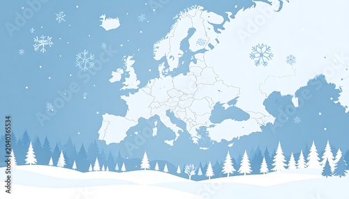 A winter scene with a map of Europe and snowy landscape