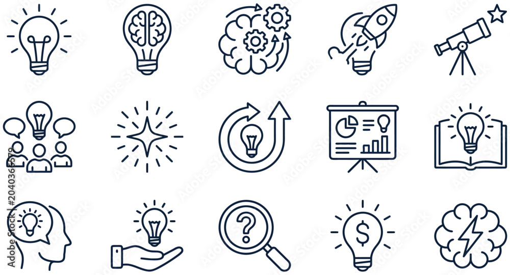 Obraz premium Creative lightbulb ideas and innovation concepts in flat vector icons set on white background