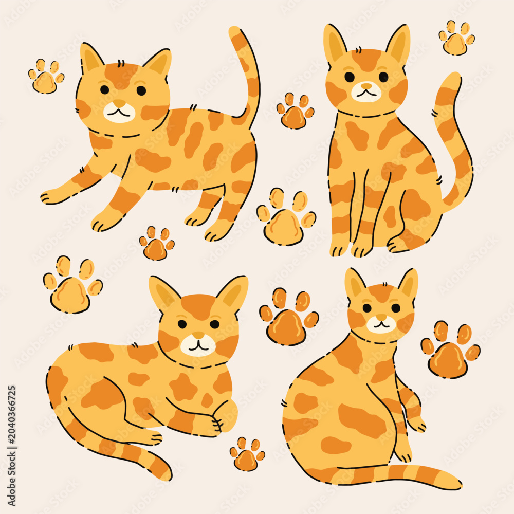Naklejka premium Cute orange tabby cat character collection with paw prints vector set. Hand drawn minimalist playful orange kitten character design bundle vector illustration