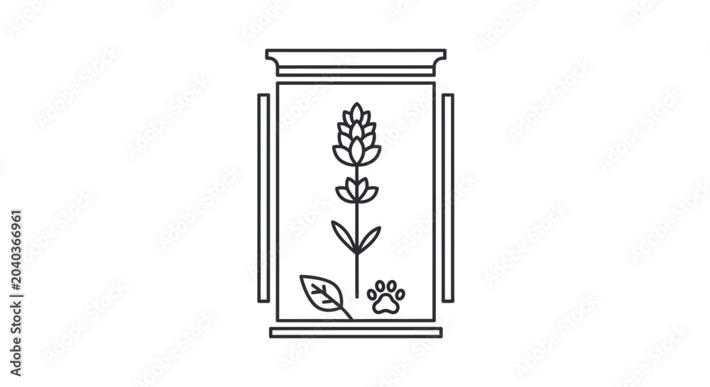 Fototapeta premium Lavender Plant in Jar with Paw Print and Leaf Icon, Herbal Remedy Concept