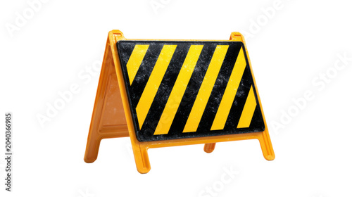 Portable yellow and black striped caution warning sign for construction sites, road safety, hazard alert, temporary barrier, industrial safety equipment on White background