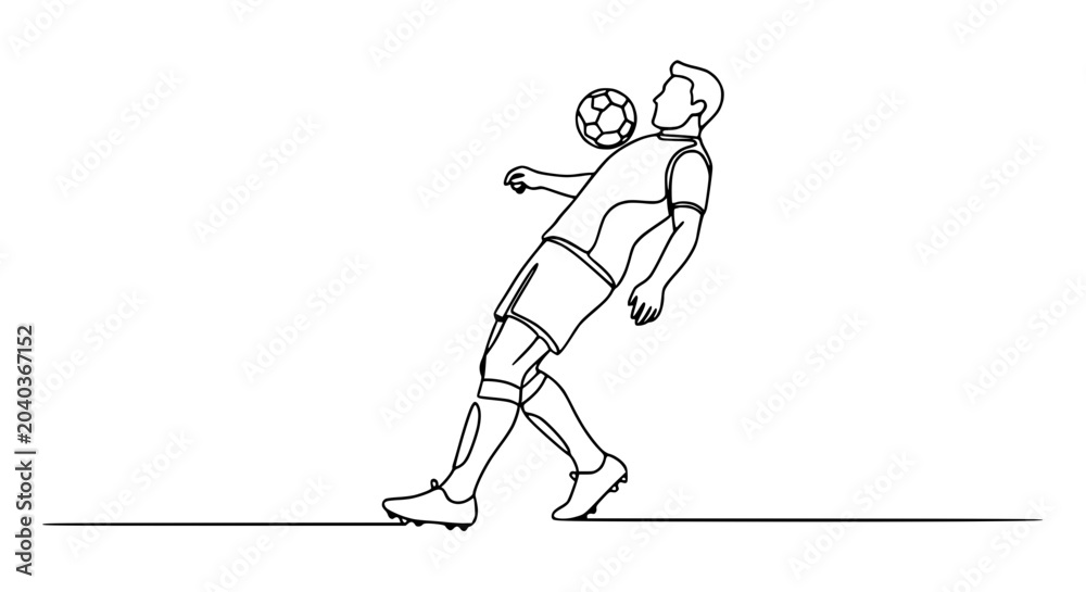 Fototapeta premium Continuous line drawing of a soccer player balancing a ball on his head, isolated on white background.