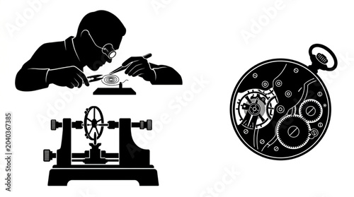 Traditional watchmaker adjusting hairspring balance wheel mechanism with tweezers under magnifying loupe next to precision horology truing caliper tool and open pocket watch gears vector set
