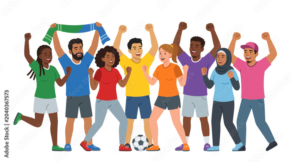 Fototapeta premium A diverse group of happy young people cheering together, celebrating a sports event with a soccer ball and scarf.