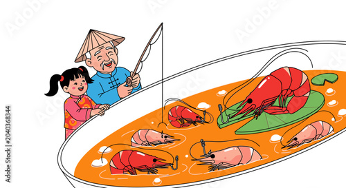 cartoon people eating shrimp cocktail together happily