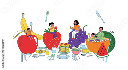 Colorful fruit and people at dining table illustration