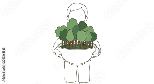 Person holding a potted plant with green trees
