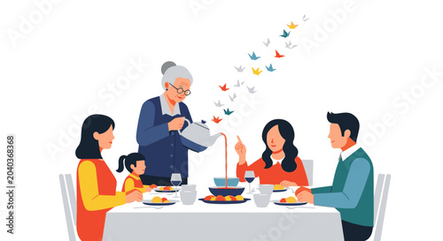 Family celebrating birthday with cake and sparklers at dinner table