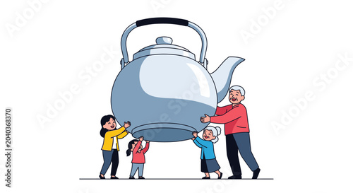 Family working together to pour tea from a large teapot