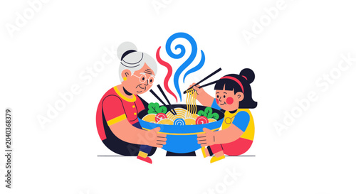 Happy family enjoying meal together with chopsticks