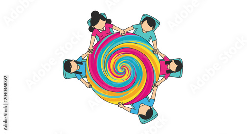 Diverse people holding hands around colorful swirling lollipop