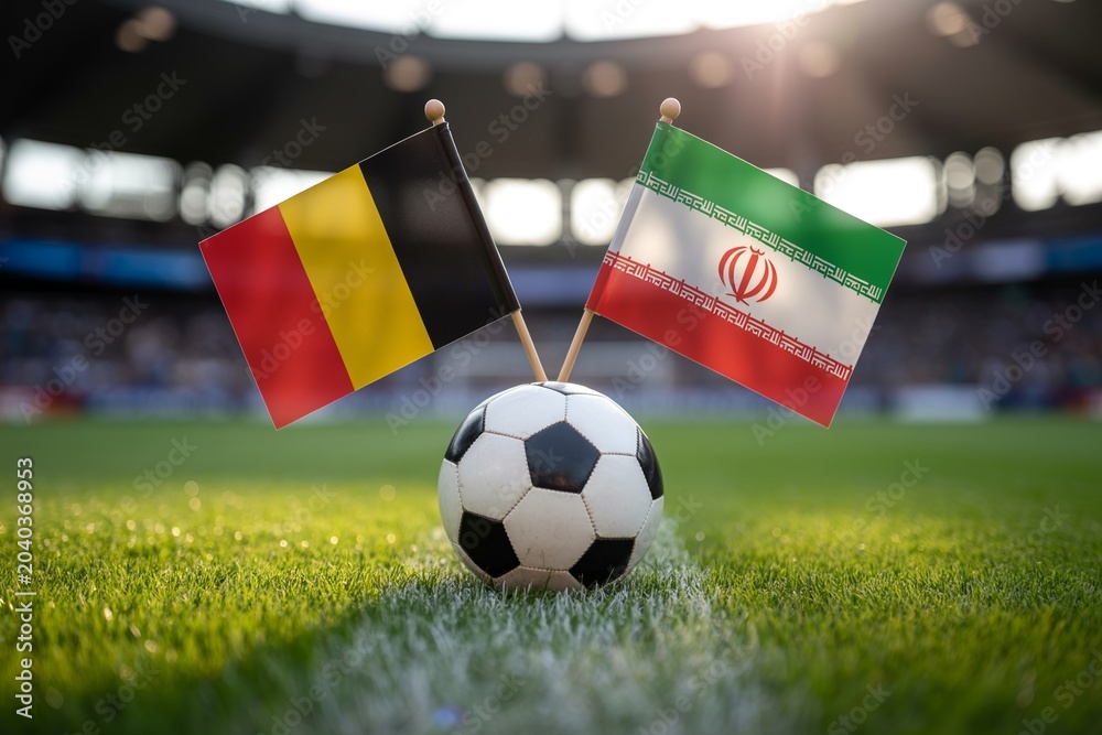 Naklejka premium Belgium and Iran national flags are featured with a soccer ball on a perfectly manicured stadium grass field