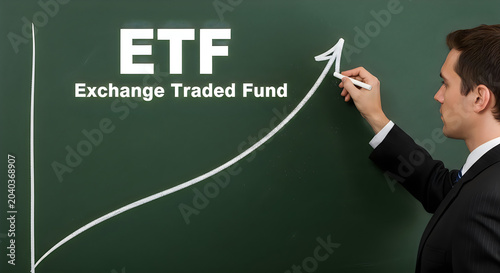 Businessman drawing ETF graph on blackboard
