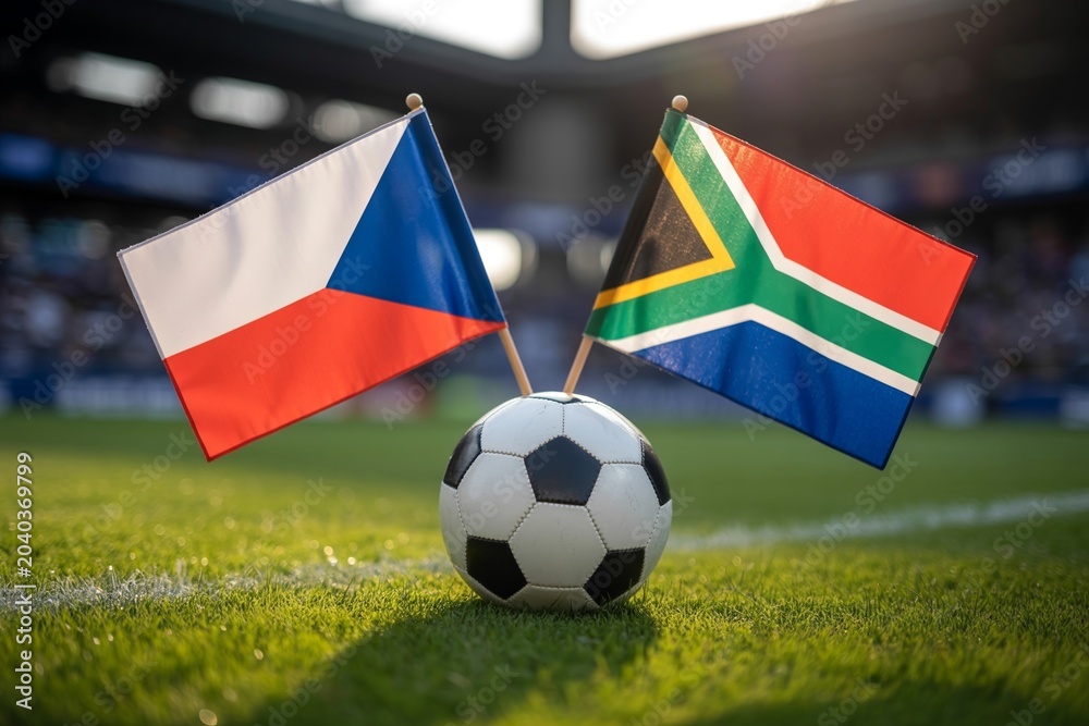 Fototapeta premium Czech Republic and South Africa flags stand on a soccer ball on a sunlit grassy field in a stadium
