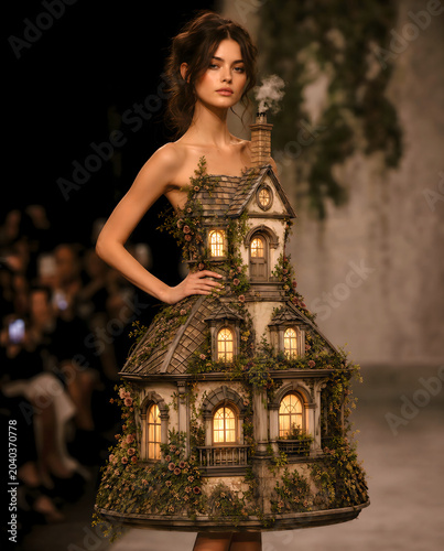 fashion model wearing avant-garde haute-couture dress made of fantastic old fashioned house