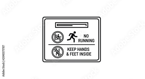 Safety Warning Sign Icon: No Running, Keep Hands and Feet Inside - Black and White Line Art