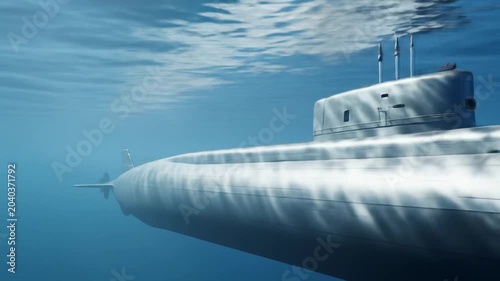 Underwater submarine cruises silently through deep blue ocean water.